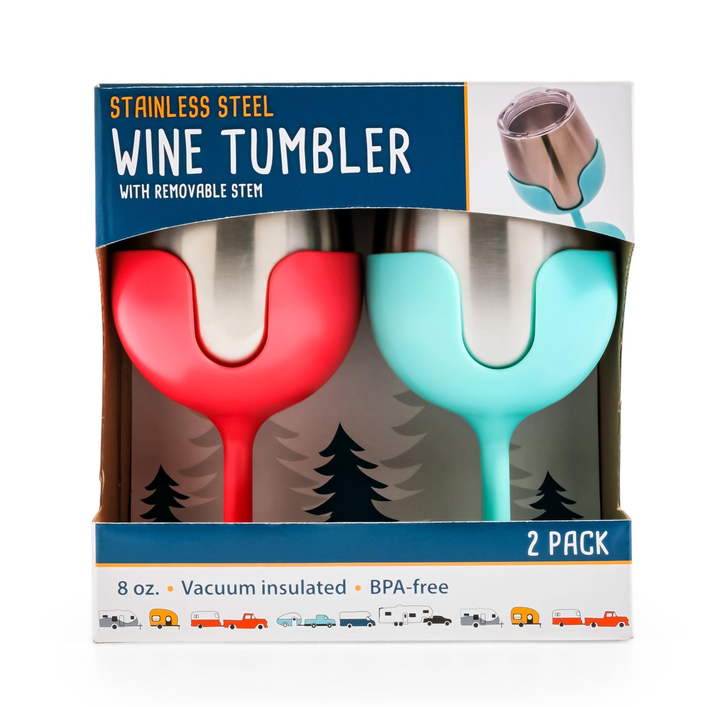 Camco Life is Better at The Campsite 8 oz Wine Tumbler 2 Pack - Heavy Duty Double Wall Vacuum Insulation - Crafted of 18/8 Stainless Steel - Features Removable Blue & Pink Stems (51915) (Pack of 4)