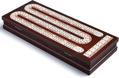 AMEROUS Wooden Cribbage Board Game Set with Magnetic Lock / 9 Metal Pegs / 2 Decks of Playing Cards/Larger Storage Area/Instruction Classic Tabletop Game for Family (3 Track Board)