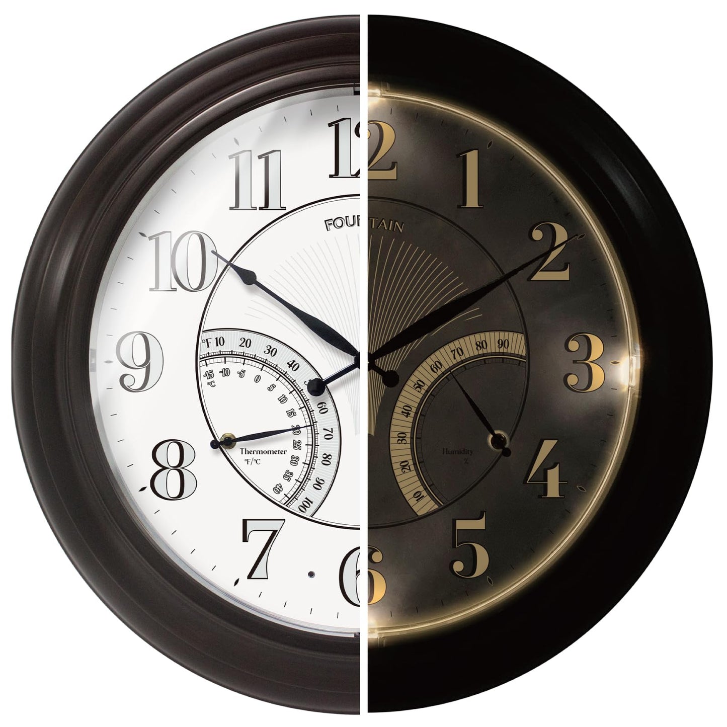 FOUNTAIN DESIGNS 24" Jameson in/Outdoor Lighted Clock, Self-Illuminated, Waterproof, 3 in 1 Weather Station (Thermometer & Hygrometer), Metal Clock, Oil Rubbed Bronze Finish(Night Light)