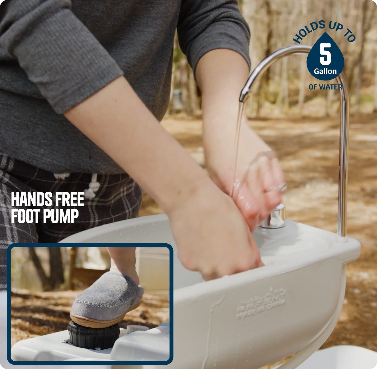 Alpcour Portable Camping Sink – Indoor/Outdoor Travel Hygiene Station with Basin, Running Faucet, Soap Dispenser, Towel Rack, Drain Hose, Hands-Free Foot Pump, Stakes & Carry Bag – 17L Water Capacity