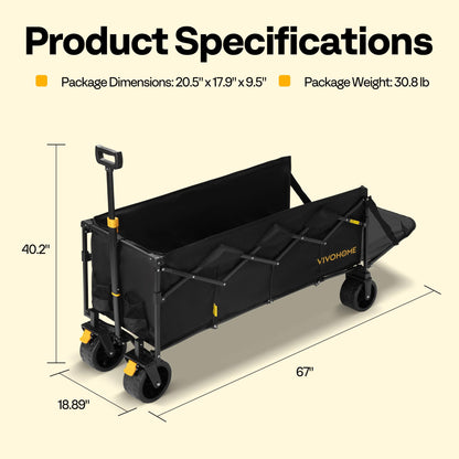 VIVOHOME 48''L Extended Collapsible Wagon Cart with 440lbs Weight Capacity, Heavy Duty 350L Folding Utility Garden Cart with Extended Tailgate and Big All-Terrain Beach Wheels