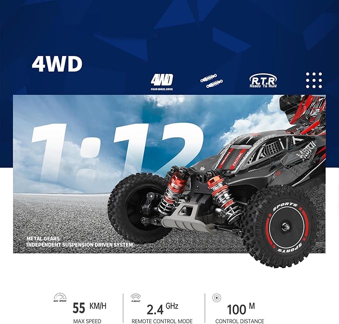 GoolRC WLtoys 124010 RC Cars for Adults 1:12 Scale Remote Control Car 4WD 55KM/H High Speed RC Racing Car 2.4GHz All Terrains Off Road RC Buggy Trucks with 2 Batteries (Black)