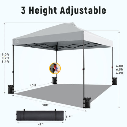 Vibemo Canopy Tent 10x10, 1-Person Setup Pop Up Canopy Tent with Roller Bag, 3 Adjustable Height, 4 Sandbags, 8 Stakes, 4 Guylines, Waterproof and UPF50+ Sun Protection Outdoor Canopy for Party，Beach