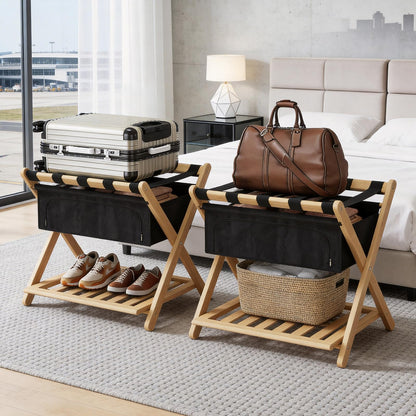 Full Assembled 26.77"L Luggage Rack for Guest Room, Set of 2 Foldable Suitcase Stand with 5 Nylon Straps & Cloth Bag, Luggage Stand Holder with Shoe Shelf for Suitcases Hotel (Natural Wood Bamboo)