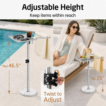 KES Adjustable Height Outdoor Towel Rack for Pool with Weighted Marble Base, 360° Swivel Hot Tub Towel Rack with Hot Tub Table & Drink Holders, 18/8 Stainless Steel, Fit Above Ground Pool, OTR201-2