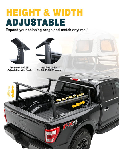 Adjustable Aluminum Truck Ladder Rack - Fits Ford F-150, Dodge Ram & Chevy Silverado, 800lbs Dynamic / 1000lbs Static Load, Tool-Free Non-Drilling Installation, Micro-Inward Tilt for Stable Cargo