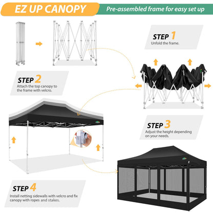 COBIZI 10x15 Canopy Tent with 4 Sidewalls,Heavy Duty Pop up Canopy with Mosquito Netting,Easy up Screen Tent for Parties Wedding Patio with Handbag,Black