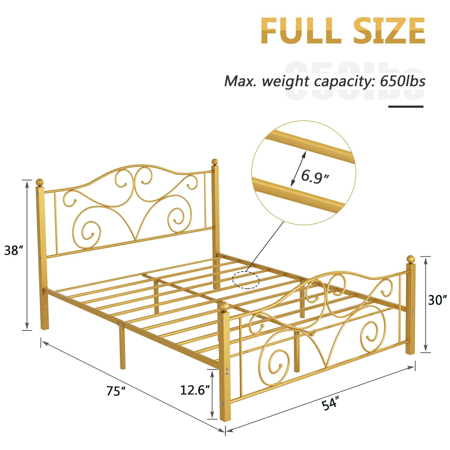 VECELO Full Size Bed Frame with Headboard and Footboard, Heavy Duty Metal Slat Support, Platform Mattress Foundation, No Box Spring Needed, Easy Assembly, Gold