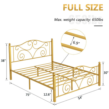 VECELO Full Size Bed Frame with Headboard and Footboard, Heavy Duty Metal Slat Support, Platform Mattress Foundation, No Box Spring Needed, Easy Assembly, Gold