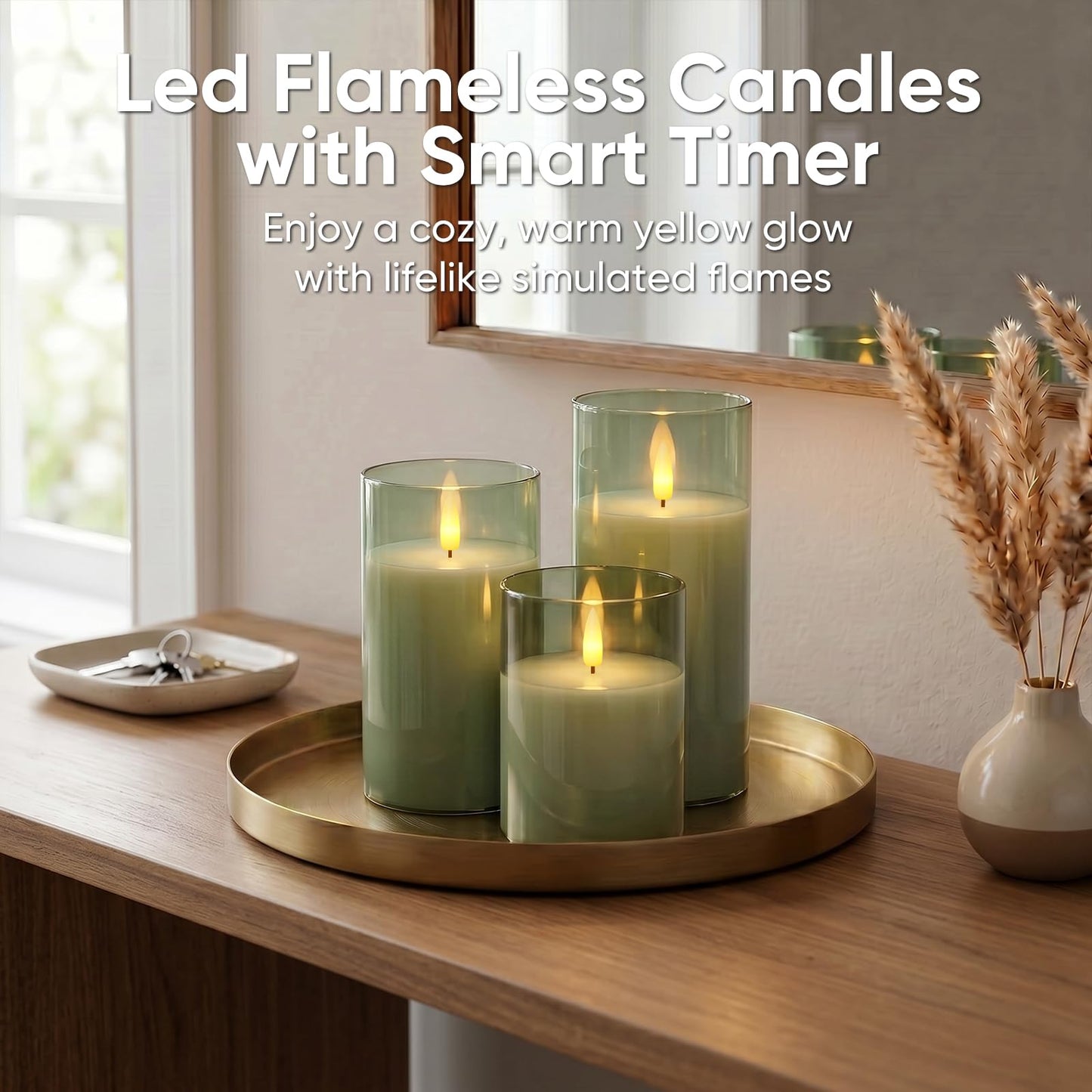 5plots Glass Battery Operated Green Flameless Candles with Remote Timer, 3D Wick Real Wax Pillar Led Candles Warm Flickering Light for Indoor Home, Halloween, Christmas Decor D3 x H4 5" 6", Set of 3
