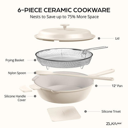 ZUKA 10 in 1 Ceramic Pan by Granitestone, Large 12 Inch Saute Pan with Lid Serves as Deep Frying Pan Set with Steamer, Everyday Skillet, Non Toxic Ceramic Nonstick, Induction Oven & Dishwasher Safe