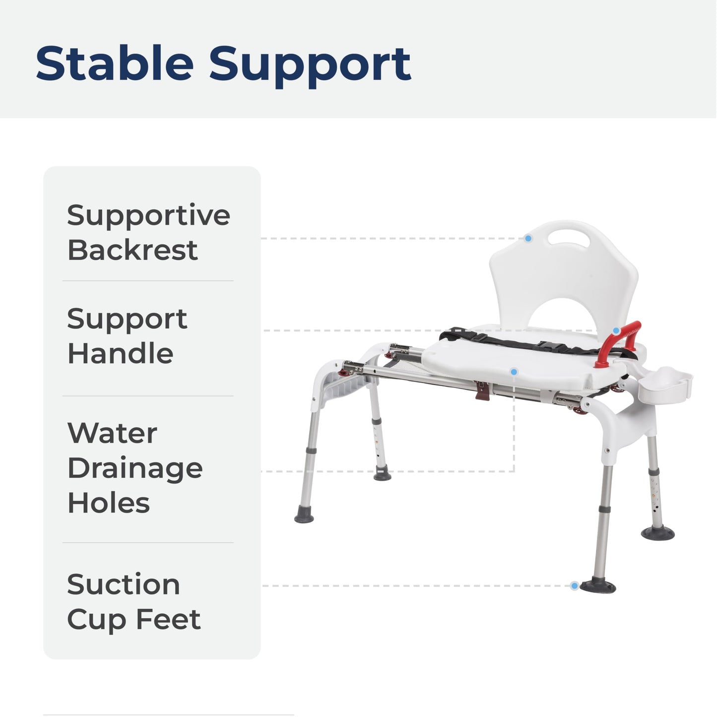 Drive Medical RTL12075 Adjustable Height Sliding Bathtub Transfer Bench Shower Chair with Armrests and Seatbelt, 300 Pound Weight Capacity, White