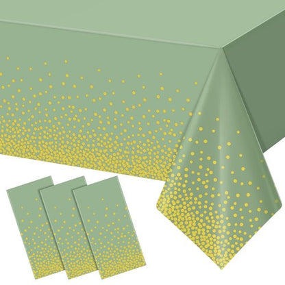 FunnyPars 3 Pack Sage Green and Gold Plastic Tablecloth, Green Disposable Table Cloth for Rectangle Tables, Gold Dot Light Green Tablecloth for Baby Shower Birthday Wedding Party Decorations, 54"x108"