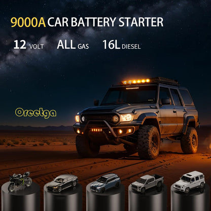 9000A Car Battery Charger Jump Starter with Air Compressor, 150PSI Tire Inflator Air Pump(All Gas/16L Diesel),12V Jump Box Car Battery with Smart Jumper Cables, LCD Display, Portable Power Pack