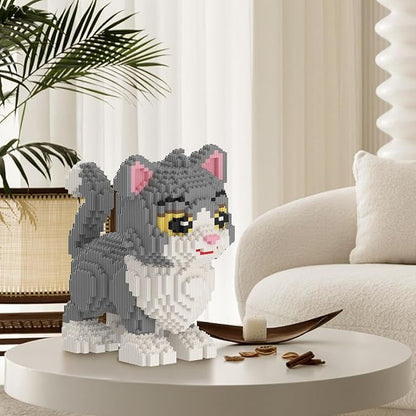 Cat Building Blocks with Organizer Bins | Grey | Micro 3D Animal Building Blocks | 3000PCS | Gift for Adults and Kids | Home &amp Office Decor | RQ8888