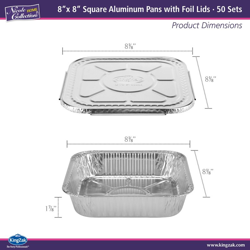 8x8 Aluminum Pans With Lids (50 Pack) 8 Inch Foil Pans With Covers - Cake Pans - Aluminum Square Pans With Lids - Disposable Food container - great For Cake Baking, Cooking, Freezing, Prepping Food