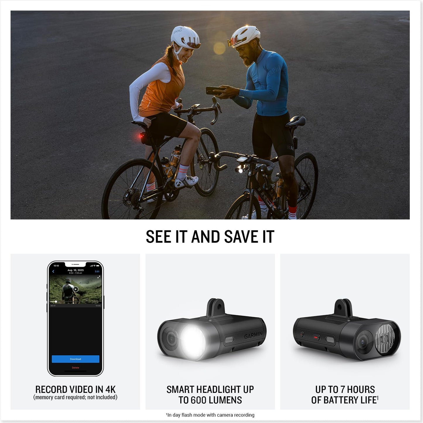 Garmin Varia™ Vue, Cycling Headlight and 4k Camera, Light Intensity up to 600 Lumens, Crystal-Clear Video Recording, Incident Detection While Cycling