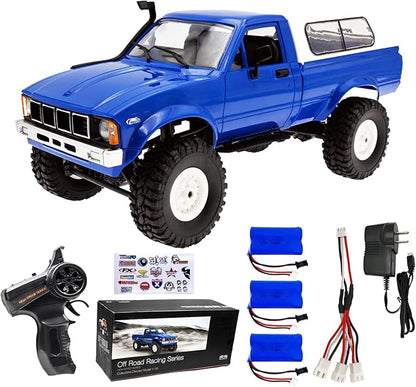 WPL C24 1/16 RC Rock Crawler 4x4 Truck with 3 Upgraded 1200mah Battery 2.4GHz Remote Control Off-Road Pick-up RTR for Men (Blue)