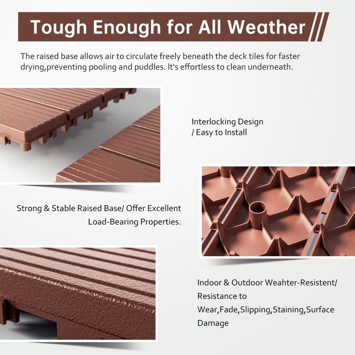 EchoDeck Interlocking Deck Tiles,44 Pack Deck Tiles Interlocking Outdoor All Weather,Patio Deck Tiles,12"x12",Vertical,Sturdy Base,Highly Durable,Stylish,Non-Slip,Faster-Drying,Efficient,Brown