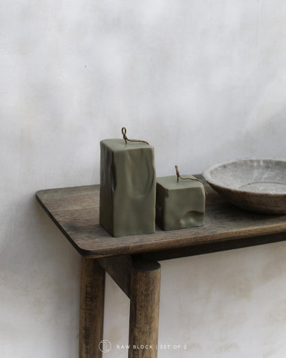 LAWA Raw Block Set of 2 Candle - Beautiful Handmade Pillar Scented Soy Wax Elegant Aesthetic Candle Housewarming Gift Home Room Shelf Decor Idea (Earthy Green, Set of 2)