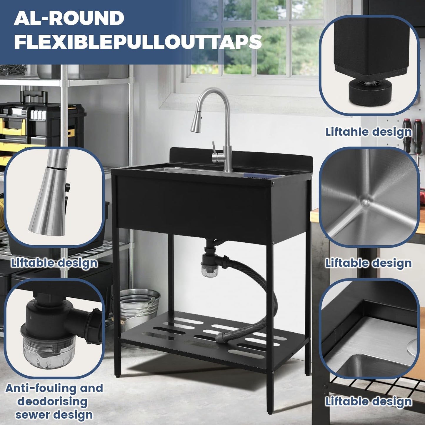 Portable Freestanding Stainless Steel Laundry Utility Sink with Cold and Hot Water with Cabinet Faucet Outdoor Kitchen Black Utility Sink