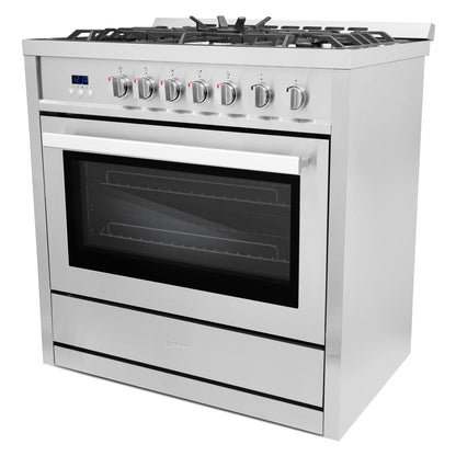COSMO COS-965AGC 36 in. Gas Range with 5 Burner Cooktop, 3.8 cu. ft. Capacity Rapid Convection Oven with 5 Functions, Heavy Duty Cast Iron Grates in Stainless Steel, 36 inches