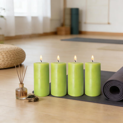 4 Pack Apple Green Pillar Candles, 2x4 Inch, Long-Lasting, Dripless and Smokeless Unscented Candles, Ideal for Home Décor, Parties Weddings and Relaxation