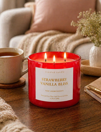 Strawberry Vanilla Bliss 3-Wick Soy Candle | 15.8 oz Large Aromatherapy Candle for Home | Clean Burn Long Lasting | Berry Vanilla Scent | Gift Ready