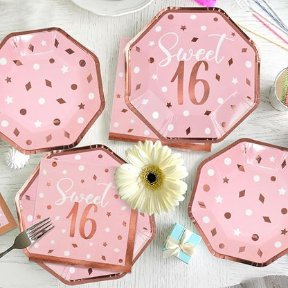 Rose Gold &amp Pink Sweet 16 Birthday Bundle: Party Supplies Set with paper Plates Napkins Cups Tablecloth &amp Banner - Sweet Sixteen Decorations Party Favors Serves 25