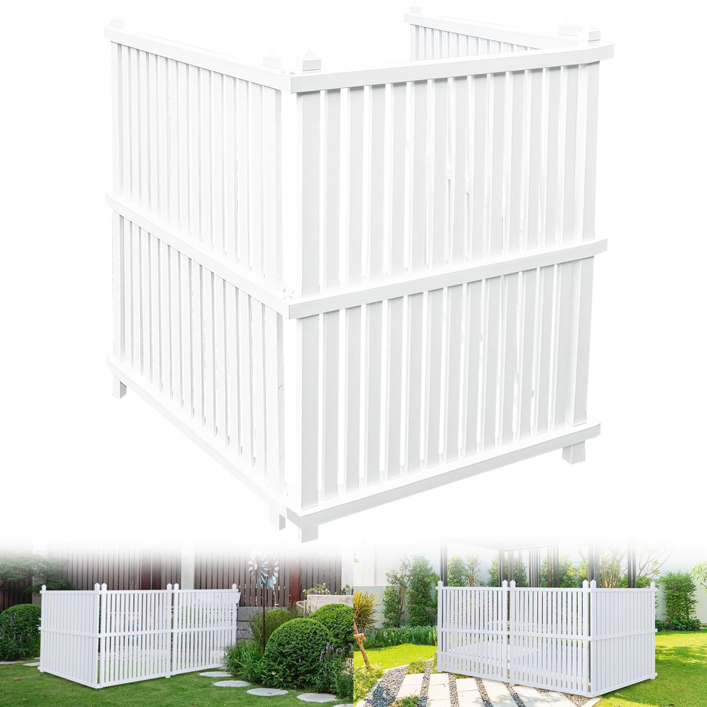 WEEDING Air Conditioner Fence 48" W X 48" H Trash Can Fence Pool Equipment Enclosure Vinyl Privacy Fence Outdoor No Dig Privacy Fence 3 Panels with Metal Stake, White