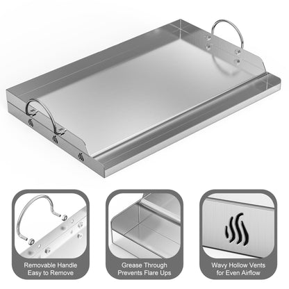 onlyfire Stainless Steel BBQ Griddle, Outdoor Flat Top Griddle Pan with Grease Groove and Handles for Gas and Charcoal Grills, 25”x16”
