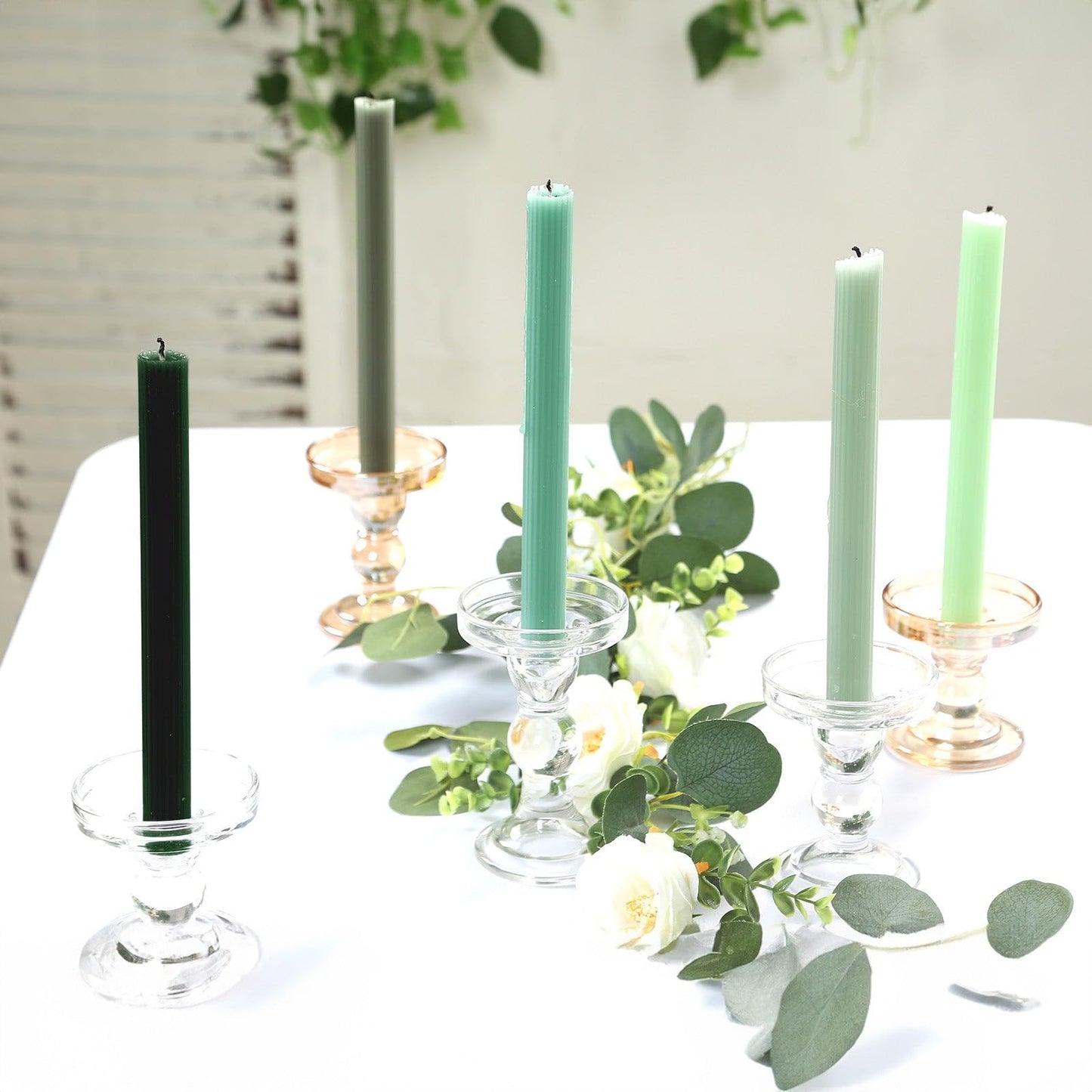 Efavormart 5 Pack 9" Mixed Sage Green Ribbed Unscented Taper Candles, Textured Ribbon Wax with Cotton Wick for Modern Centerpieces and Home Decor