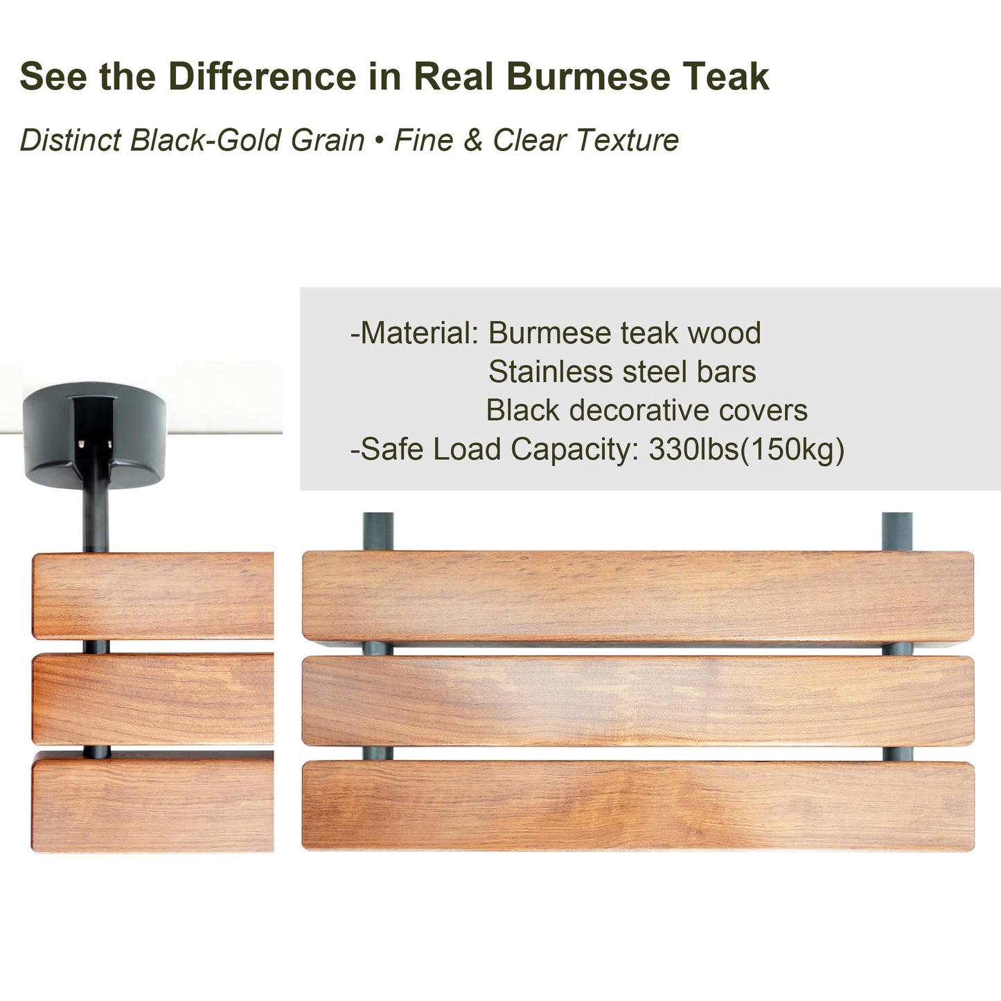 DIYHD 20" Premium Burmese Teak Wood Folding Shower Seat,Black Wall Mounted Folding Bench, Solid Teak Wood with Stainless Steel Bars, 330 lbs Capacity, 14” W x 20” D, Fits 16” Stud Spacing
