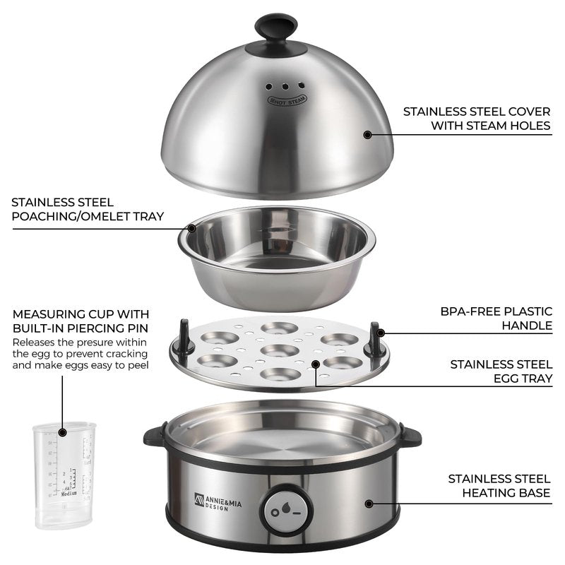 Annie & Mia Design Electric Egg Cooker, All Stainless Steel 7 Egg Capacity egg boiler, 360W, Hard, Medium, Soft Boiled Egg Poacher, egg steamer, Multi-function, Auto Shut-Off Function, BPA-free