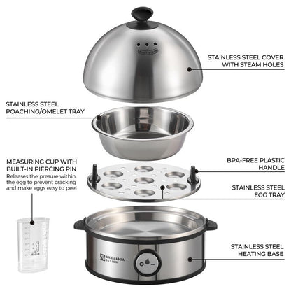 Annie & Mia Design Electric Egg Cooker, All Stainless Steel 7 Egg Capacity egg boiler, 360W, Hard, Medium, Soft Boiled Egg Poacher, egg steamer, Multi-function, Auto Shut-Off Function, BPA-free