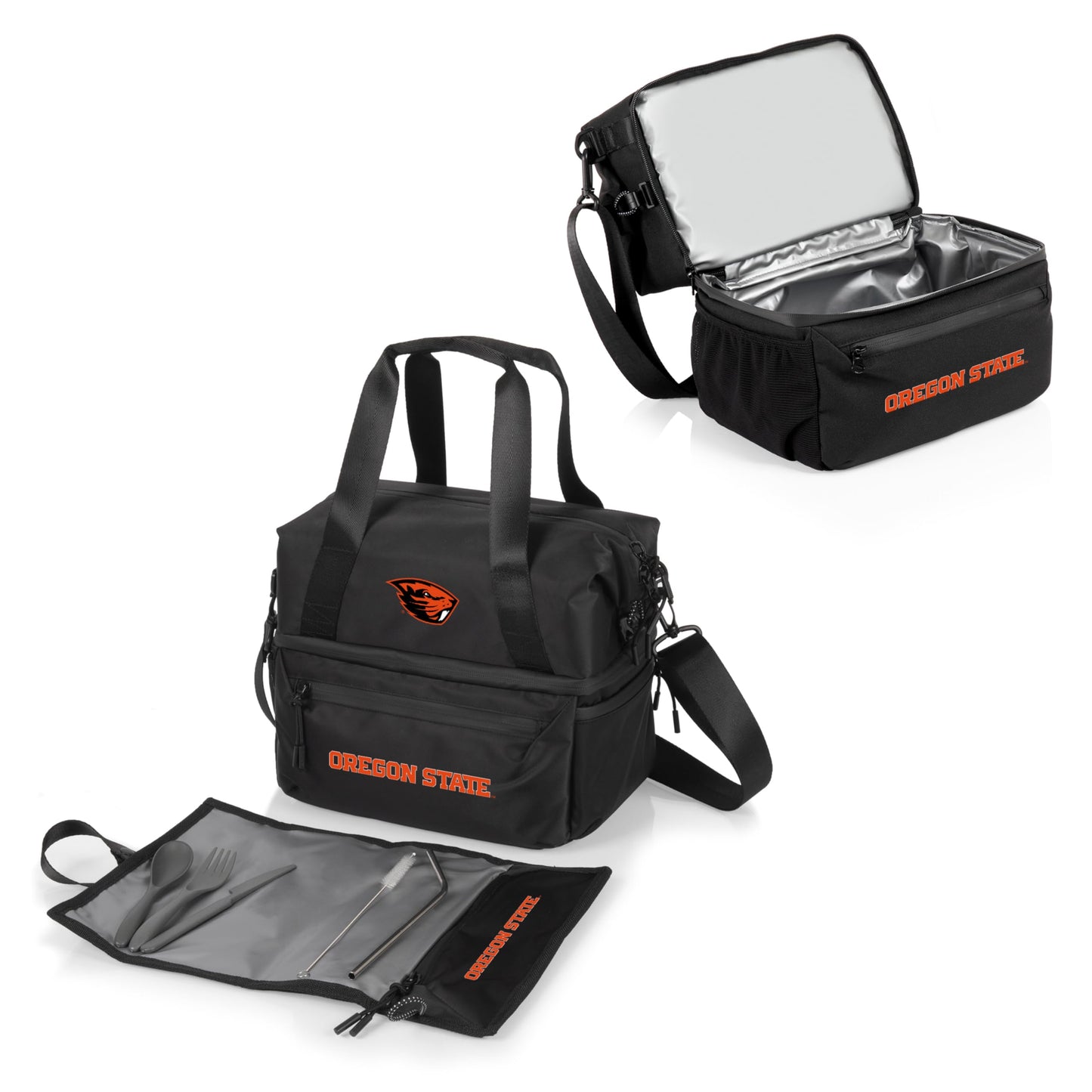 PICNIC TIME NCAA Oregon State Beavers Tarana Lunch Bag Cooler with Utensils Made from Recycled Material, Lunch Box with Picnic Set, Upcycled Lunch Cooler Bag, (Carbon Black)