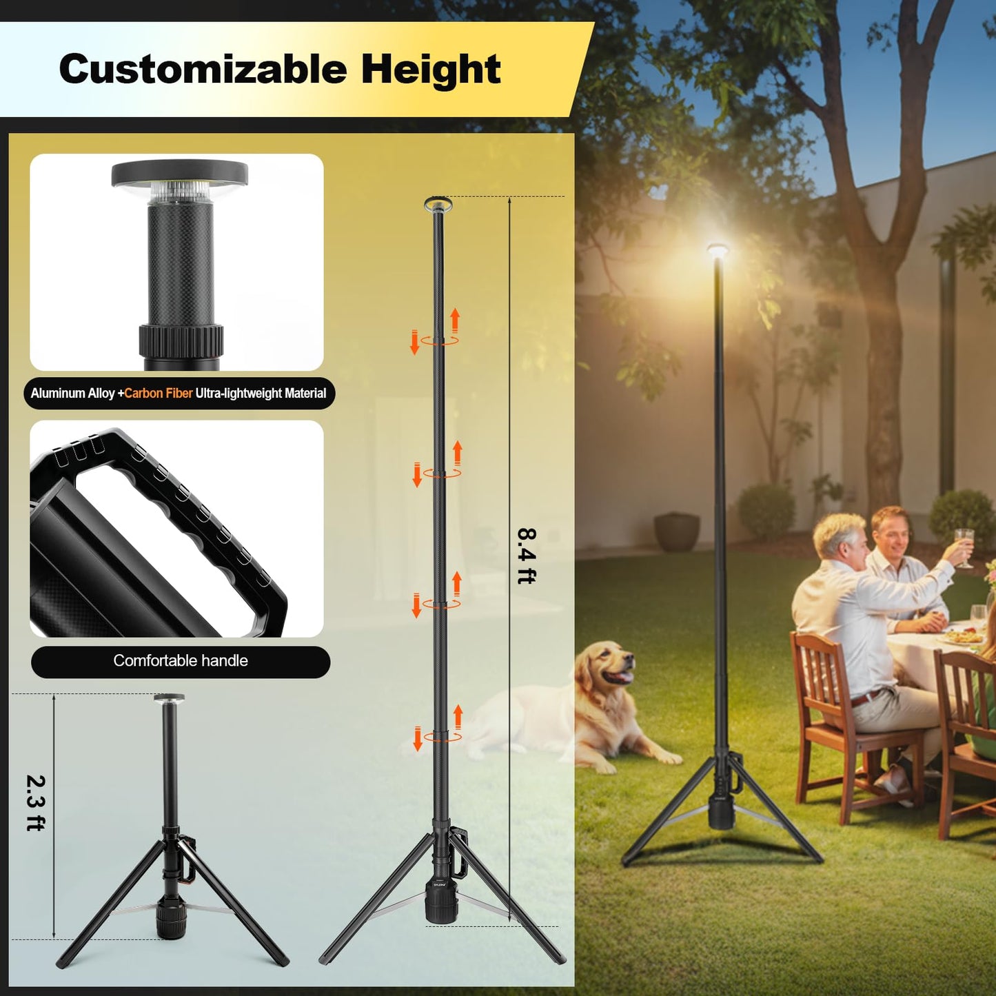 SYLSTAR 360° Rechargeable Work Light with Remote &Telescopic Stand (8.4Ft), 3000LM Ultra Bright, 8000mAh Battery, 3CCT Dimmable, Portable Camping Light for Jobsite Workshop Sports Emergencies(Black)
