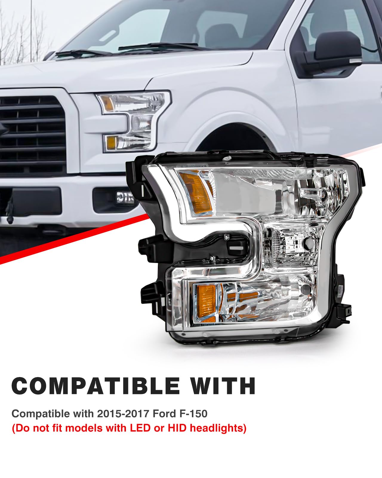 for Ford F150 2015 2016 2017 Headlight Assembly Halogen Lamp Chrome Housing Amber Reflector Driver Side and Passenger Side (Does not fit Models Equipped with LED or HID Headlights)（W/O Bulbs）