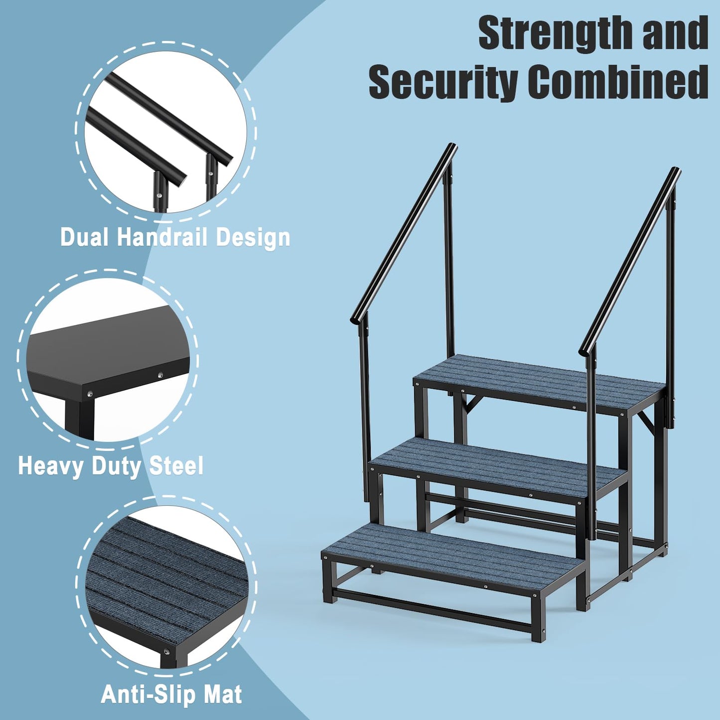 RV Steps with 2 Handrail, 3-Step Heavy Duty Hot Tub Steps, Non-Slip Outdoor Spa Steps for RV, Camper, Trailer, Mobile Home, Porch, Portable Ladder Stairs with Anti-Slip Mats (3 Steps with 2 Handrail)