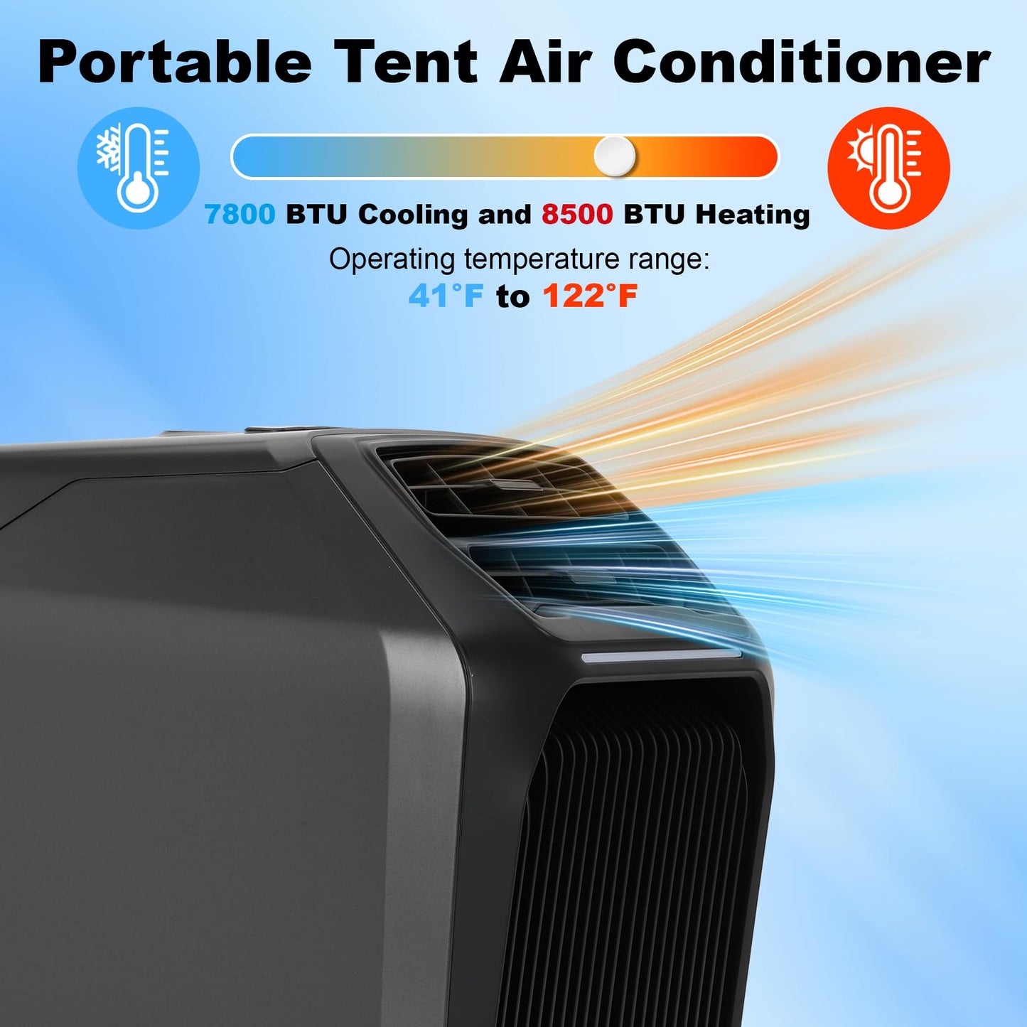 8,000 BTU Portable Camping Air Conditioners & Heater, 5-in-1 Cooling, Heating, Fan, Dehumidifier, Sleep Mode, 550W Portable Tent Air Conditioner for Camping, RV, Truck, Small Room, Indoor/Outdoor Use