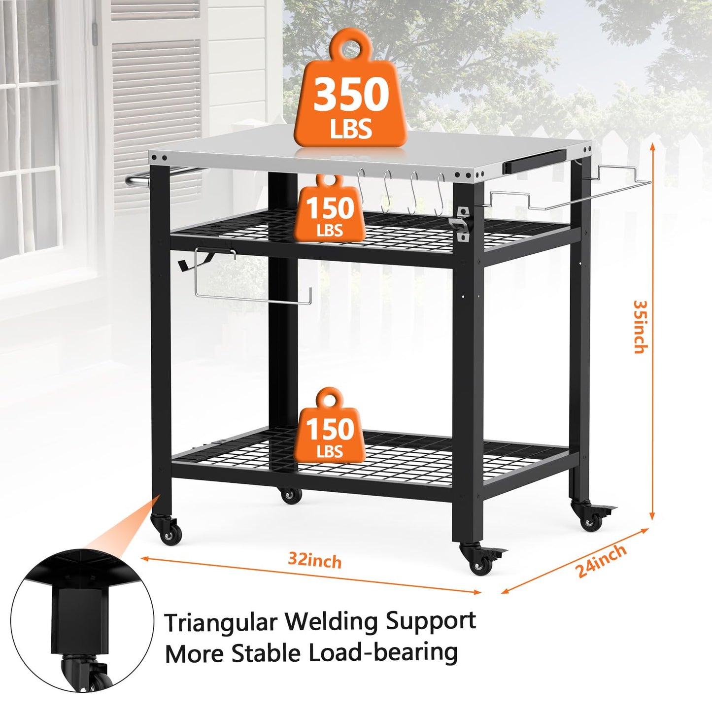 M METERXITY Stainless Steel Pizza Oven Table for Ooni, 650lbs Outdoor Grill Cart with Wheels and Handle, 32"x 24" Three-Shelf Food Prep Cart for Griddle, Movable Outdoor Pizza Cart