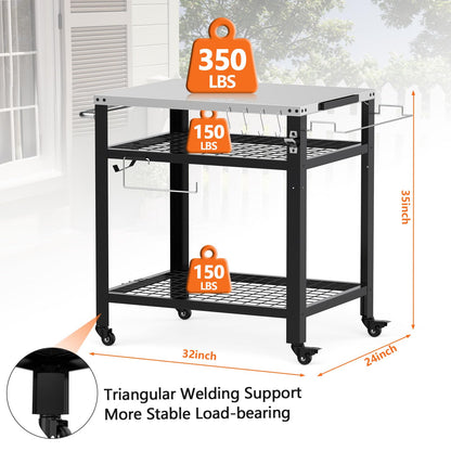 M METERXITY Stainless Steel Pizza Oven Table for Ooni, 650lbs Outdoor Grill Cart with Wheels and Handle, 32"x 24" Three-Shelf Food Prep Cart for Griddle, Movable Outdoor Pizza Cart