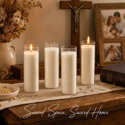 chaoxinge 2.24x7 inch 7 Day White Pillar Candles in Glass Set of 4 Up to 120Hour Burn time, Unscented Prayer, Religious Candles for Memorials, Vigil, and Emergency