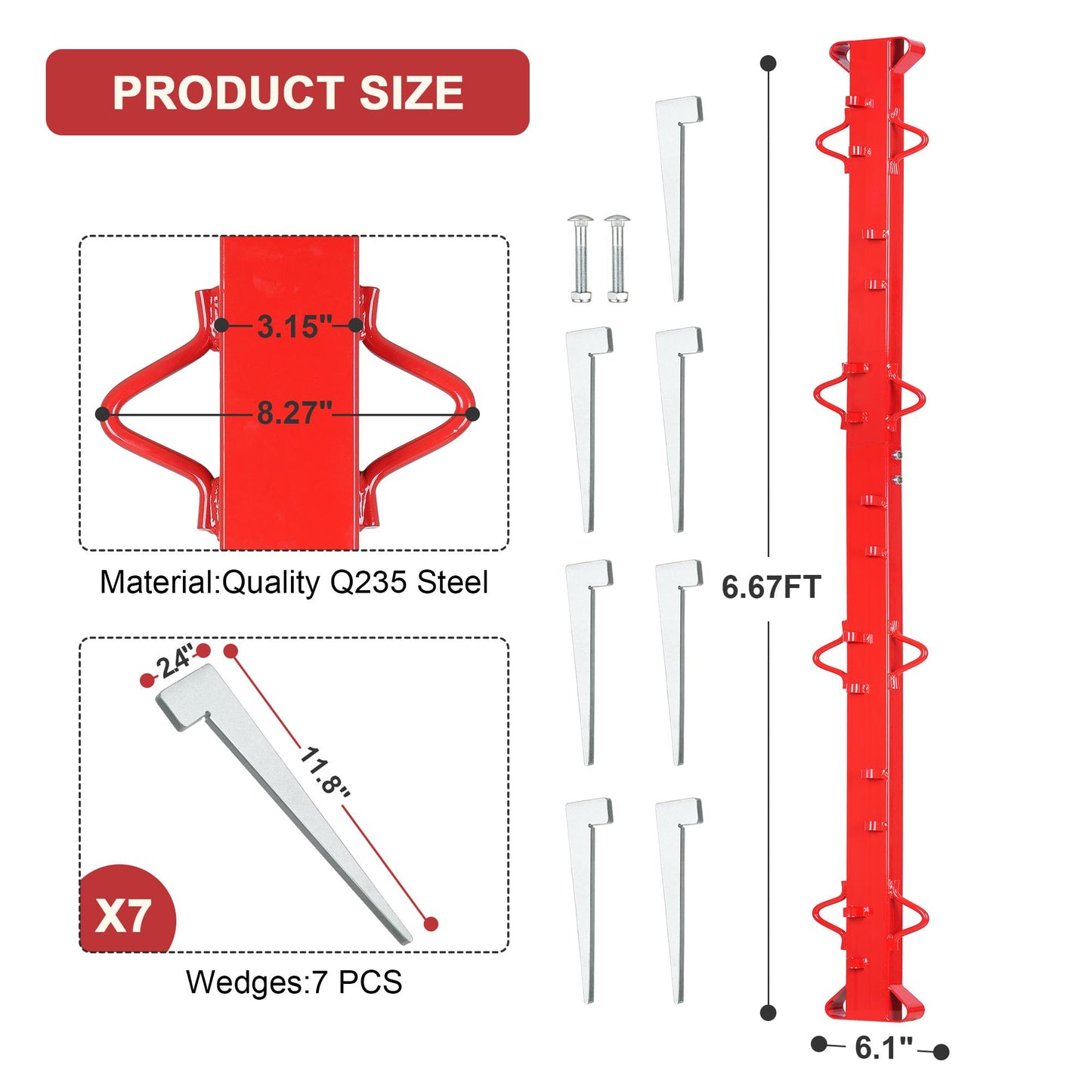 AOPEC 6ft Woven Wire Fence Stretcher Bar with 7 Wedges, Heavy-Duty Carbon Steel Fence Stretcher Tool Wire Puller, Red Anti-Corrosion Coating, 6.67ft Length, Ideal for Farms, Ranches & Outdoor Fencing