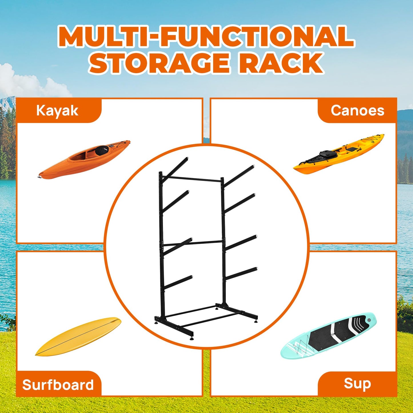 Wemily Freestanding Kayak Storage Rack – Vertical 4-Tier Organizer for Kayaks, Canoes & Paddleboards, Heavy-Duty Indoor/Outdoor Stand with Protective Foam Padding