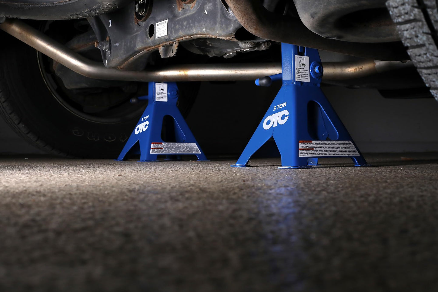 OTC S03 3-Ton Jack Stands - 3-Ton Capacity; 17-11/16" Max. Height; 12" Min. Height; 8-1/4" x 7-1/2" Footprint Square Base; 11 Tooth Ratcheting Adjustment; 1" x 3-1/2" V-Notch Saddle - Pair
