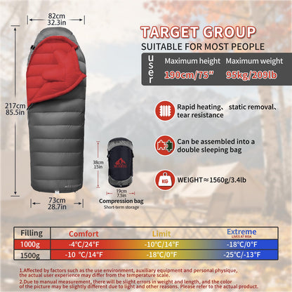 BUERTS Down Sleeping Bags for Adults, Premium 680FP Down Fill Backpacking Sleeping Bag for Cold Weather for Camping, Hiking and Traveling, Comes with Compression Sack (Gray 14°F)