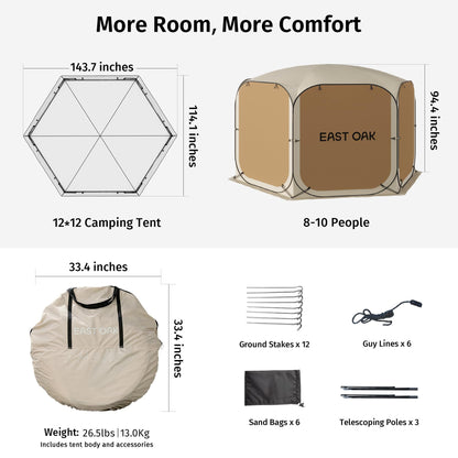East Oak 12×12 FT Pop Up Canopy Tent with Mosquito Netting | Outdoor Screen House with 6 Sunshades | Instant Canopy with Portable Carry Bag | Gazebo Tent for Camping, Patio, Backyard and Beach | Beige