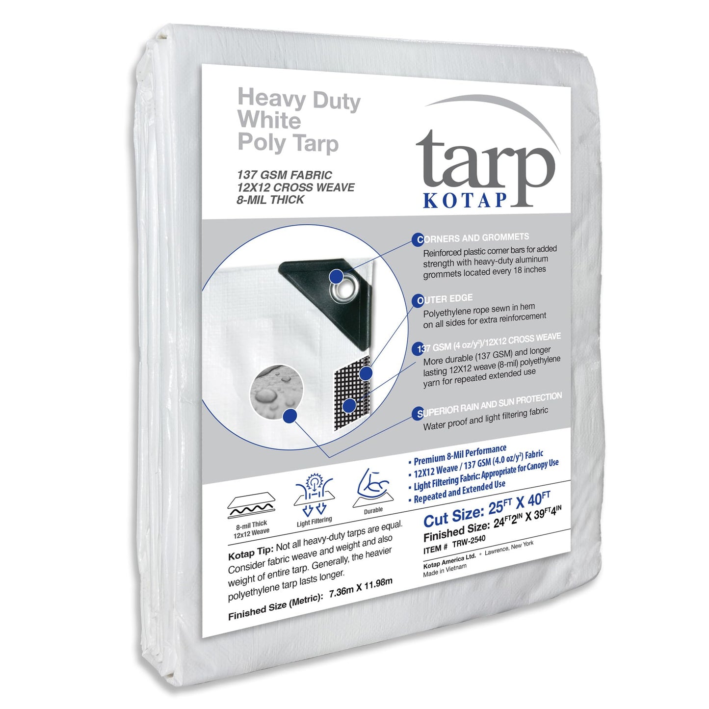 Kotap 25 x 40 Ft. Heavy-Duty Protection/Coverage Tarp, Superior Weave for Greater Longevity 8-mil, Multi-Use, Waterproof, White, 1-Pack (TRW-2540)