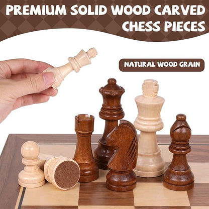 15 Inch Magnetic Wooden Chess Set with Storage Folding Chess Board Game with Strong Magnets Tournament Size 3 Inch King 2 Extra Queens Portable Travel Chess Set for Adults &amp Kids